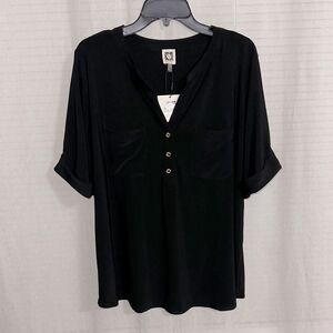 Anne Klein 2X Black Short Roll Up Sleeve Three Button Yoke Collar Jersey Top
